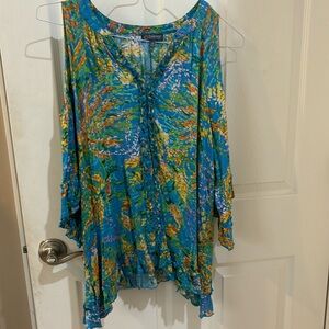 Size medium democracy, blue, and yellow floral motif blouse open sleeve